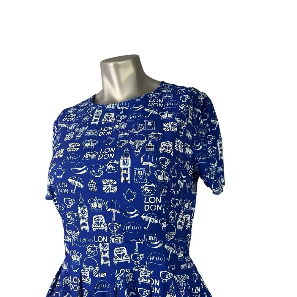 Blue White London Dress Short Sleeve Fit And Flare Midi Small Artsy All Over